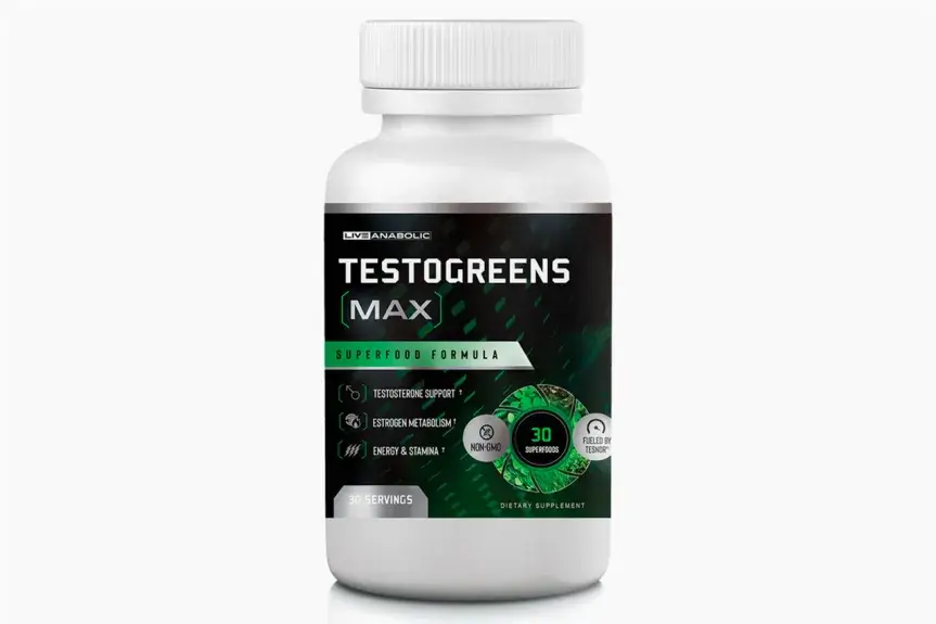 TestoGreens Max men's testosterone support supplement bottle &mdash; 9-ingredient Tesnor formula